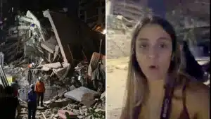 Left: collapsed building with debris and rescue workers at night; right: female journalist speaking to camera on a dim street.