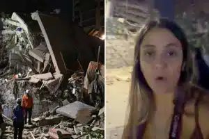Left: collapsed building with debris and rescue workers at night; right: female journalist speaking to camera on a dim street.