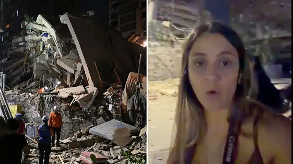 Left: collapsed building with debris and rescue workers at night; right: female journalist speaking to camera on a dim street.
