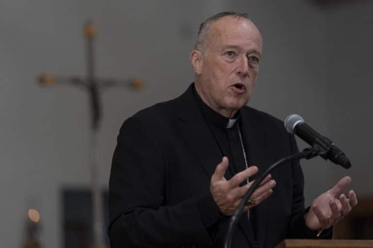 Cleric in black suit and collar speaking into a microphone, gesturing with his hands at a podium.