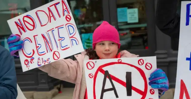 A young girl in a pink hat and coat holds protest signs, one reading 'NO DATA CENTER' and another with 'AI' crossed out in red.