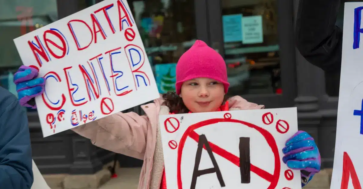 A young girl in a pink hat and coat holds protest signs, one reading 'NO DATA CENTER' and another with 'AI' crossed out in red.