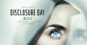 Close-up poster of a woman's face with a bright blue eye on the right and the title 'DISCLOSURE DAY' on the left, pale background.