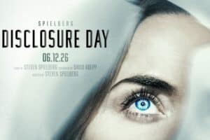 Close-up poster of a woman's face with a bright blue eye on the right and the title 'DISCLOSURE DAY' on the left, pale background.
