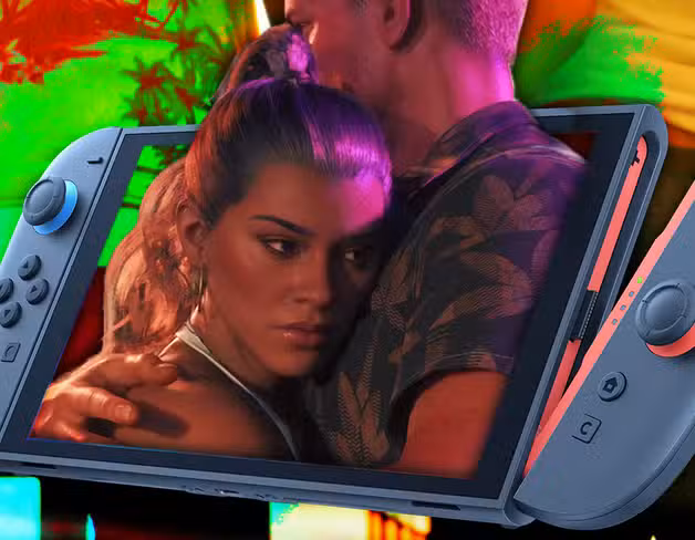 Close-up of a couple embracing in neon-lit colors, with a handheld gaming console (Nintendo Switch) visible in the foreground.