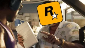 Man in a Hawaiian shirt hands a wrapped rectangular package to someone in the car, as a Rockstar logo covers the other person’s face.