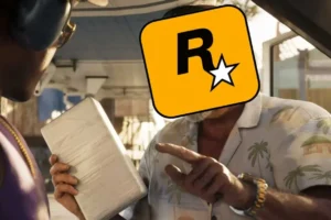 Man in a Hawaiian shirt hands a wrapped rectangular package to someone in the car, as a Rockstar logo covers the other person’s face.