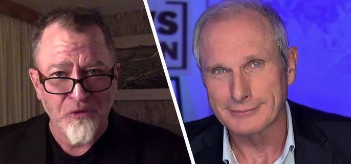 Split-screen image of two men: left appears in a casual setting with glasses and a goatee; right in a studio with blue lighting and blazer, suggesting an interview or discussion.