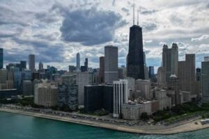Chicago skyline along Lake Michigan with the John Hancock Center visible by the waterfront