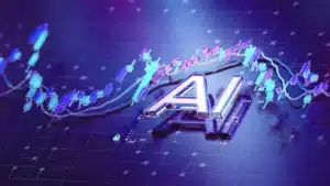 Futuristic image with the letters 'AI' overlaid on a neon-blue stock chart and grid background, suggesting AI in finance tech