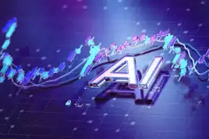 Futuristic image with the letters 'AI' overlaid on a neon-blue stock chart and grid background, suggesting AI in finance tech