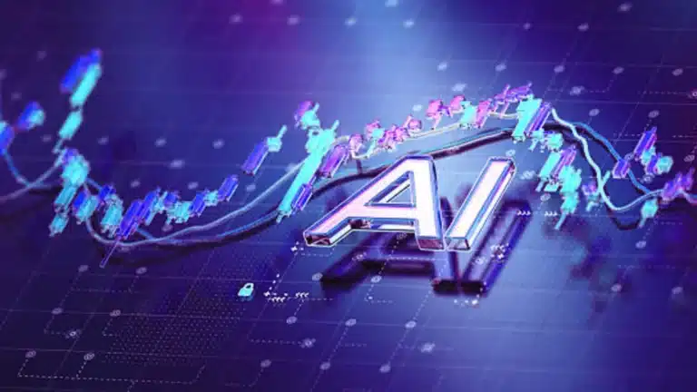 Futuristic image with the letters 'AI' overlaid on a neon-blue stock chart and grid background, suggesting AI in finance tech