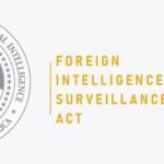Left: U.S. government seal; right: bold orange text 'FOREIGN INTELLIGENCE SURVEILLANCE ACT'.