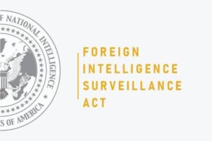 Left: U.S. government seal; right: bold orange text 'FOREIGN INTELLIGENCE SURVEILLANCE ACT'.