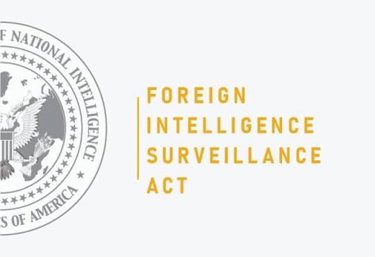 Left: U.S. government seal; right: bold orange text 'FOREIGN INTELLIGENCE SURVEILLANCE ACT'.