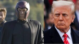 Split image: left a costumed character with a metallic helmet and dark cloak, right a stern older man in a dark coat and red striped tie.