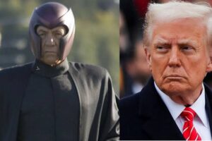 Split image: left a costumed character with a metallic helmet and dark cloak, right a stern older man in a dark coat and red striped tie.