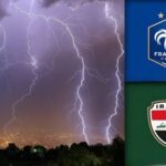 Nighttime cityscape illuminated by multiple lightning bolts; right side shows France football federation crest and Iraq federation shield.