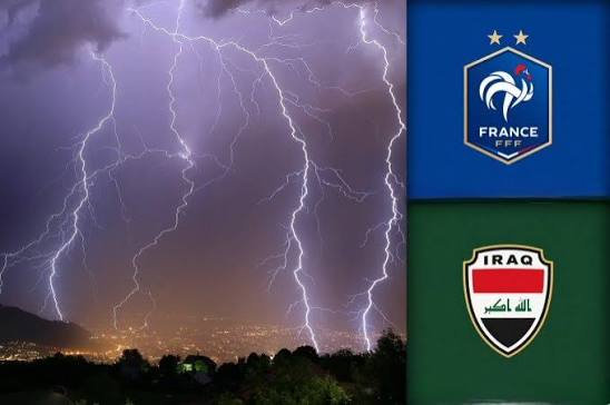 Nighttime cityscape illuminated by multiple lightning bolts; right side shows France football federation crest and Iraq federation shield.