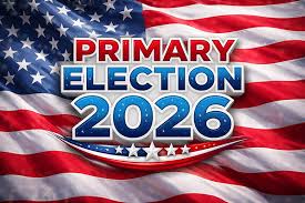 American flag background with bold text 'Primary Election 2026' in blue and red promotional graphic.