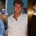 Left: a blonde woman in a light blue ruffled top at a cafe; center: a smiling man in a white T-shirt outdoors; right: a woman with short dark hair in a black outfit with a white collar posing indoors.