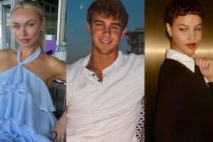 Left: a blonde woman in a light blue ruffled top at a cafe; center: a smiling man in a white T-shirt outdoors; right: a woman with short dark hair in a black outfit with a white collar posing indoors.