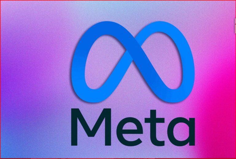 Meta branding: blue looping symbol above the word Meta on a purple-pink gradient background