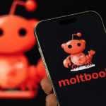 Smartphone screen shows a red cartoon mascot and the word 'moltbook' in red on a dark background, with a larger blurred mascot in the background.