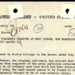 Antique FBI memo cover sheet from 1947 with handwritten notes, stamps, and torn edges, dated 7-29-47, subject about metal fragments.