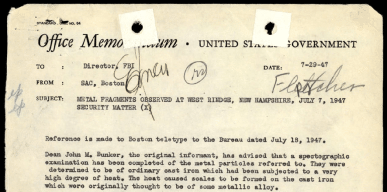 Antique FBI memo cover sheet from 1947 with handwritten notes, stamps, and torn edges, dated 7-29-47, subject about metal fragments.
