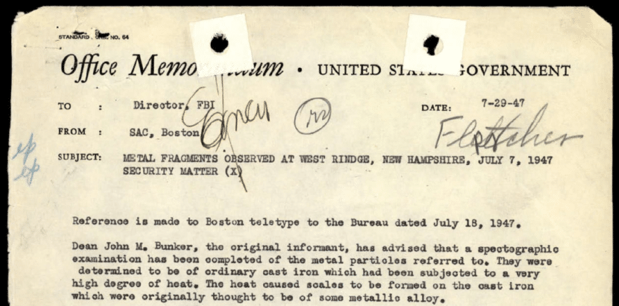 Antique FBI memo cover sheet from 1947 with handwritten notes, stamps, and torn edges, dated 7-29-47, subject about metal fragments.