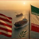 United States and Iran flags flutter over a harbor as cargo ships sail at sunset in calm seas