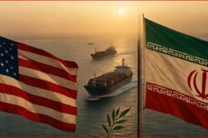 United States and Iran flags flutter over a harbor as cargo ships sail at sunset in calm seas