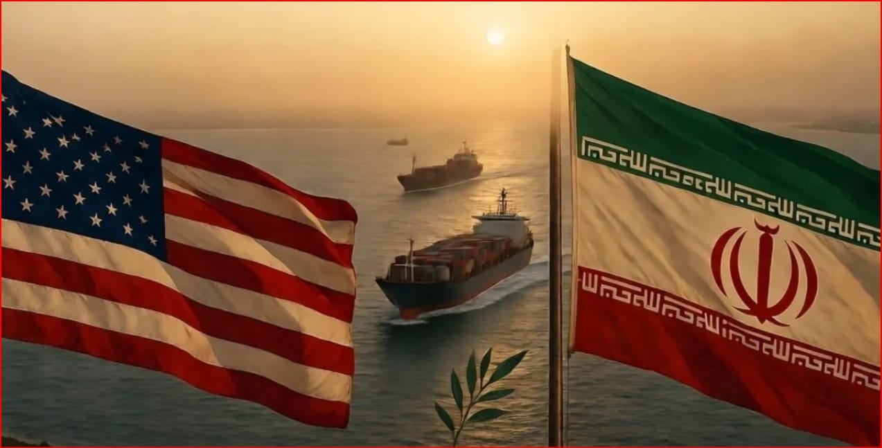 United States and Iran flags flutter over a harbor as cargo ships sail at sunset in calm seas