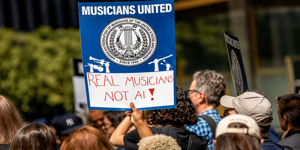 Protest sign: 'MUSICIANS UNITED' with emblem, reading 'REAL MUSICIANS NOT AI!' held by a crowd of protesters.