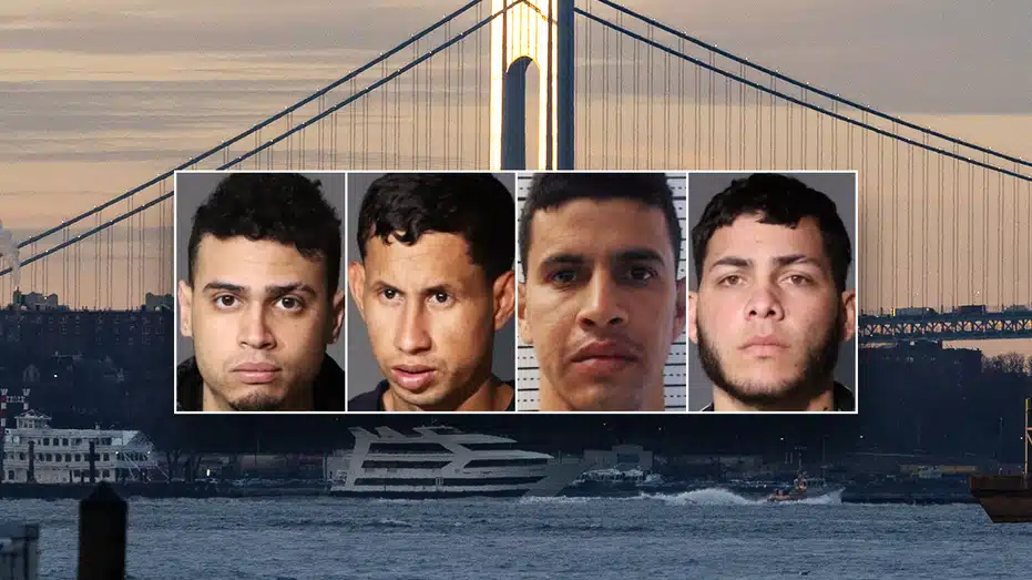 Composite of four mugshots of men placed over a harbor and bridge background?
