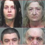 Quadruple mugshots: a young woman with red, bruised eyes; an older woman with facial swelling; a young man; and an older man with a swollen, bruised face.