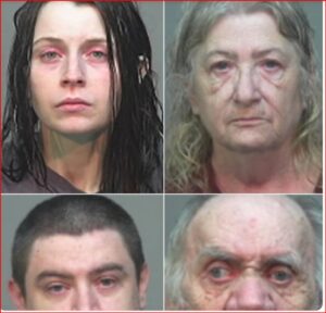 Quadruple mugshots: a young woman with red, bruised eyes; an older woman with facial swelling; a young man; and an older man with a swollen, bruised face.