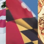 Three flags fluttering side by side in the wind: left has pink and white stripes, center shows a red flag with dark shapes, right displays a heraldic flag with a coat of arms.