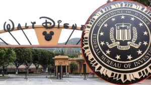 Walt Disney World main entrance visible on the left with a large FBI seal superimposed on the right.