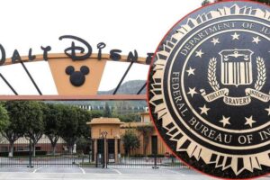 Walt Disney World main entrance visible on the left with a large FBI seal superimposed on the right.
