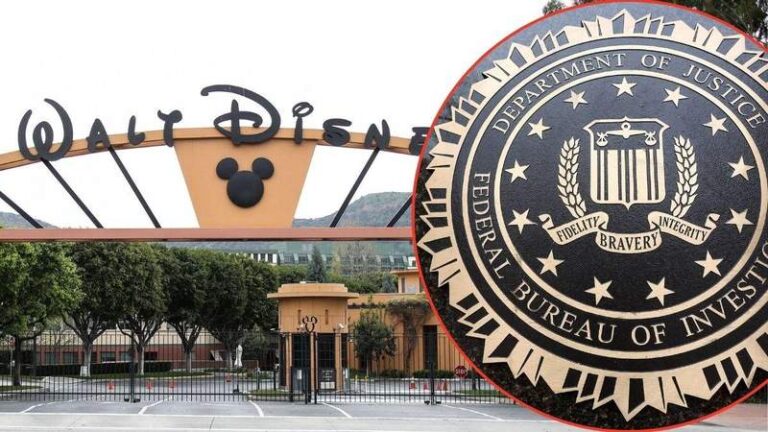 Walt Disney World main entrance visible on the left with a large FBI seal superimposed on the right.
