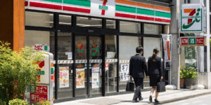 Two businesspeople walk past a 7-Eleven storefront with glass doors and Japanese signage outside the store intricate posters visible in the windows as pedestrians pass by.