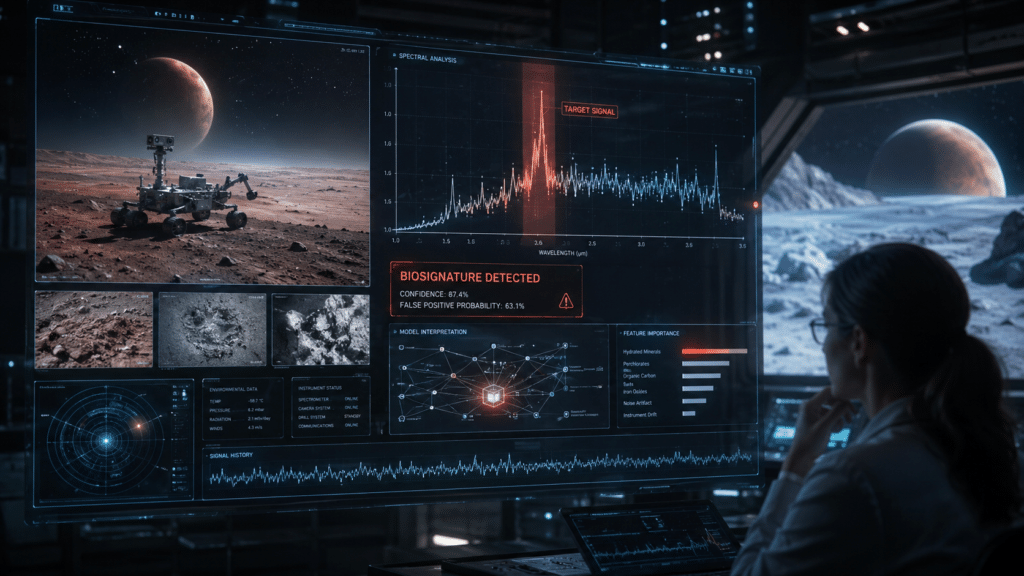 illustration of a scientist reviewing possible alien life biosignature data from a space mission
