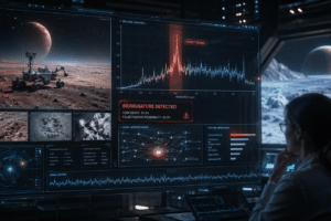 illustration of a scientist reviewing possible alien life biosignature data from a space mission