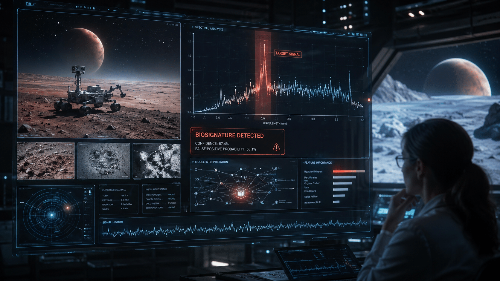 illustration of a scientist reviewing possible alien life biosignature data from a space mission