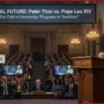 Satirical debate in a grand hall: Peter Thiel at a podium labeled 'The Future' faces a pope at a lectern labeled 'The Faith'; banner reads 'GLOBAL FUTURE: Peter Thiel vs. Pope Leo XIV'.