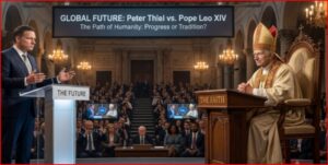 Satirical debate in a grand hall: Peter Thiel at a podium labeled 'The Future' faces a pope at a lectern labeled 'The Faith'; banner reads 'GLOBAL FUTURE: Peter Thiel vs. Pope Leo XIV'.