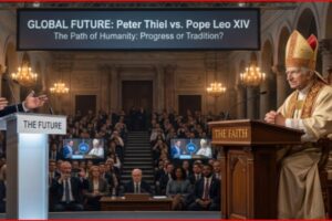 Satirical debate in a grand hall: Peter Thiel at a podium labeled 'The Future' faces a pope at a lectern labeled 'The Faith'; banner reads 'GLOBAL FUTURE: Peter Thiel vs. Pope Leo XIV'.