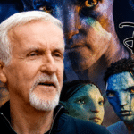 Close-up of an older man in front of a collage of blue Na’vi characters and a Disney logo on a space-themed background.